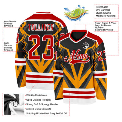 Custom Black Red Gold-White 3D Pattern Cyber Mecha E-sport Hockey Jersey
