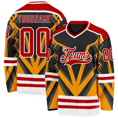 Custom Black Red Gold-White 3D Pattern Cyber Mecha E-sport Hockey Jersey