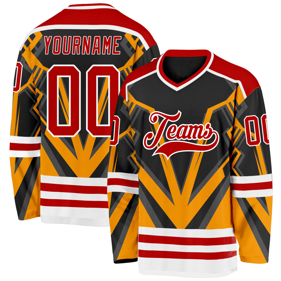 Custom Black Red Gold-White 3D Pattern Cyber Mecha E-sport Hockey Jersey