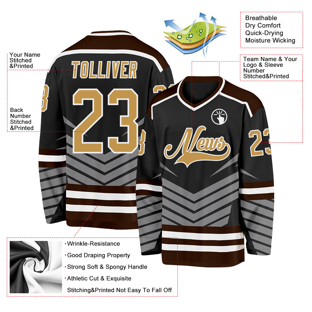 Custom Black Old Gold Gray Brown-White 3D Pattern Cyber Mecha E-sport Hockey Jersey
