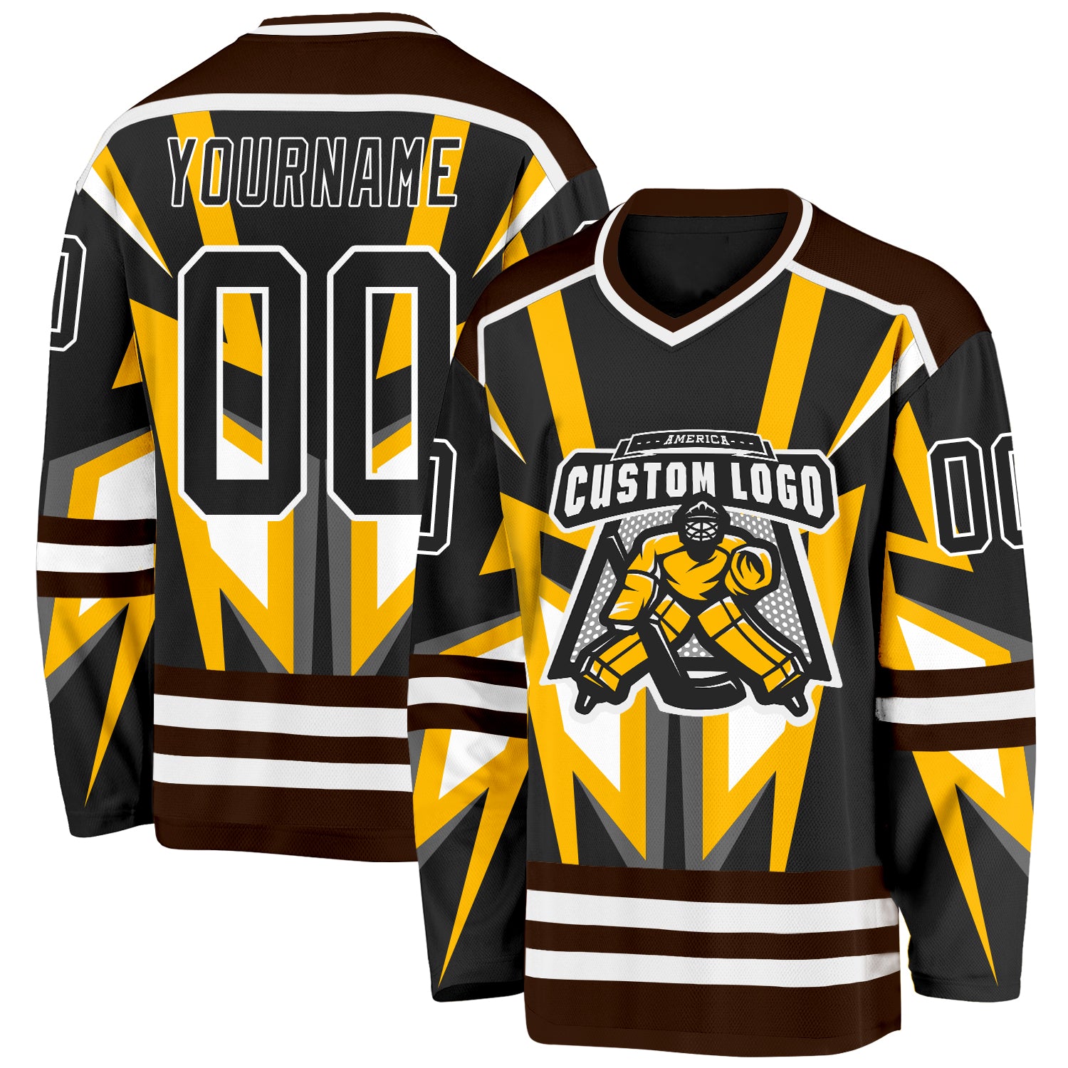 Custom Black Gold Brown-White 3D Pattern Cyber Mecha E-sport Hockey Jersey