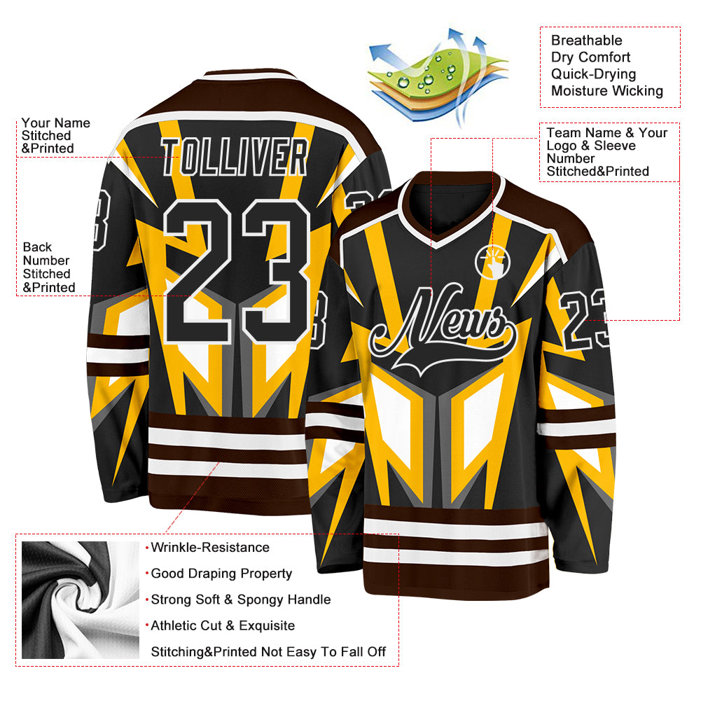 Custom Black Gold Brown-White 3D Pattern Cyber Mecha E-sport Hockey Jersey