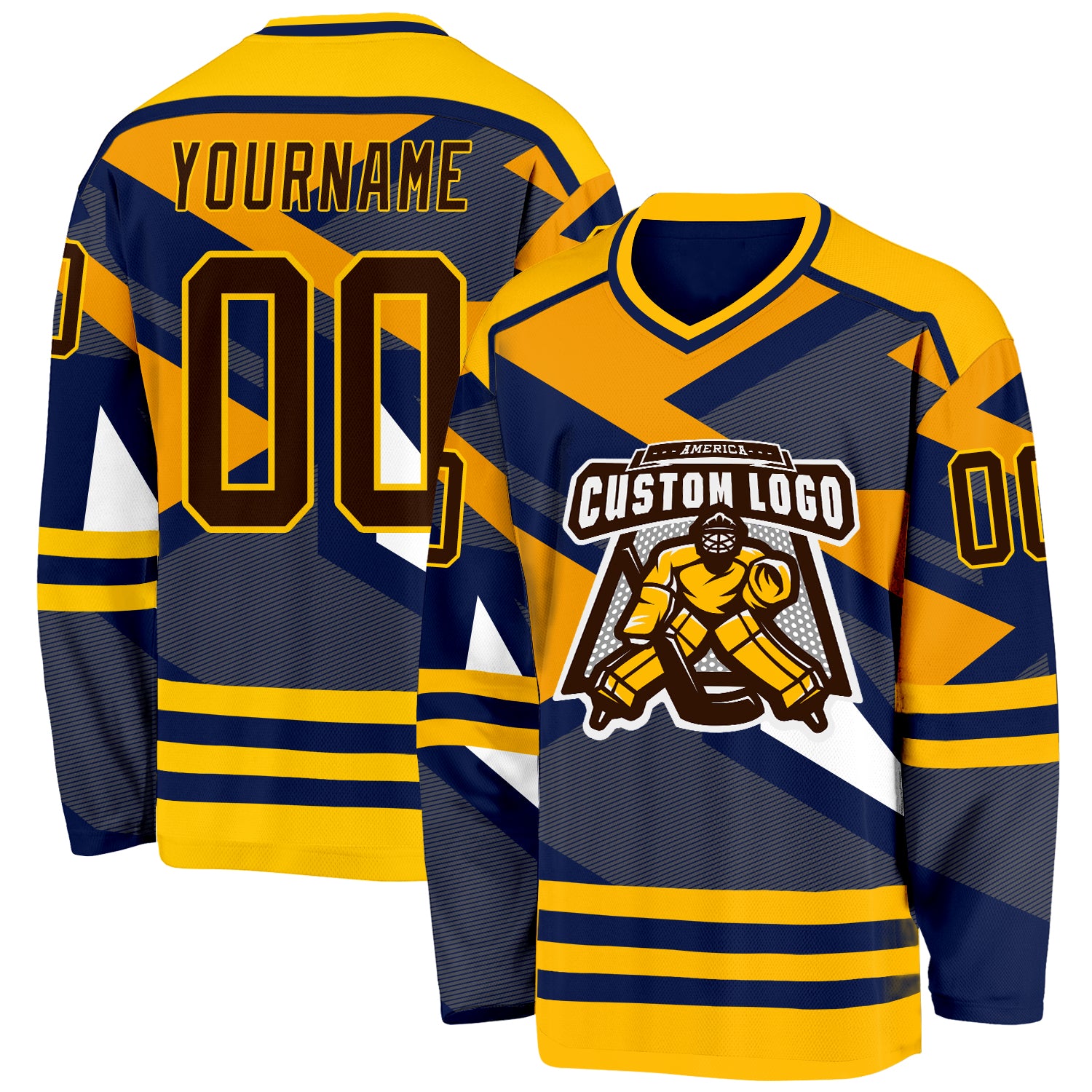 Custom Navy Brown Yellow-White 3D Pattern Cyber Mecha E-sport Hockey Jersey