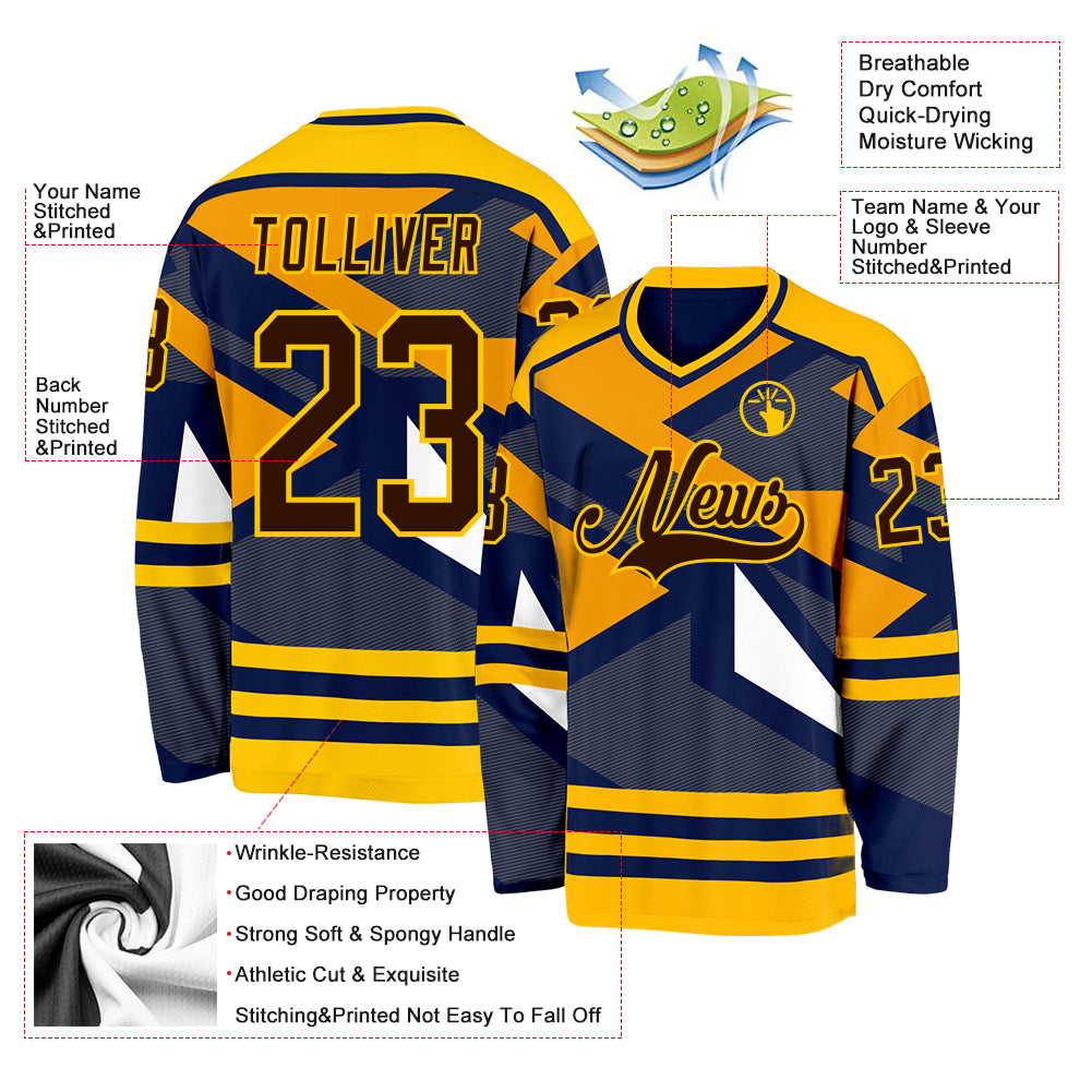 Custom Navy Brown Yellow-White 3D Pattern Cyber Mecha E-sport Hockey Jersey