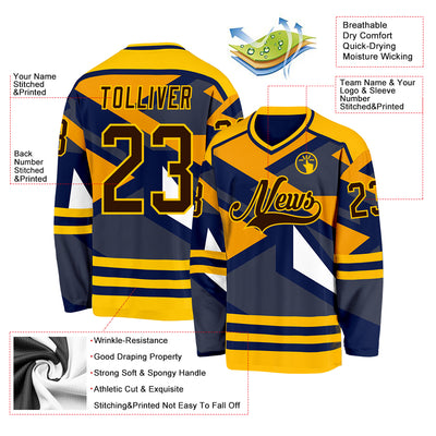 Custom Navy Brown Yellow-White 3D Pattern Cyber Mecha E-sport Hockey Jersey