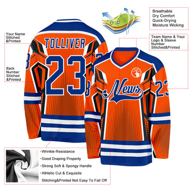 Custom Orange Royal-White 3D Pattern Cyber Mecha E-sport Hockey Jersey