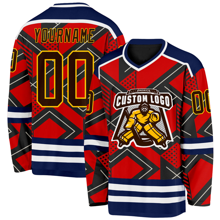 Custom Orange Brown Black Navy Yellow-White 3D Pattern Cyber Mecha E-sport Hockey Jersey