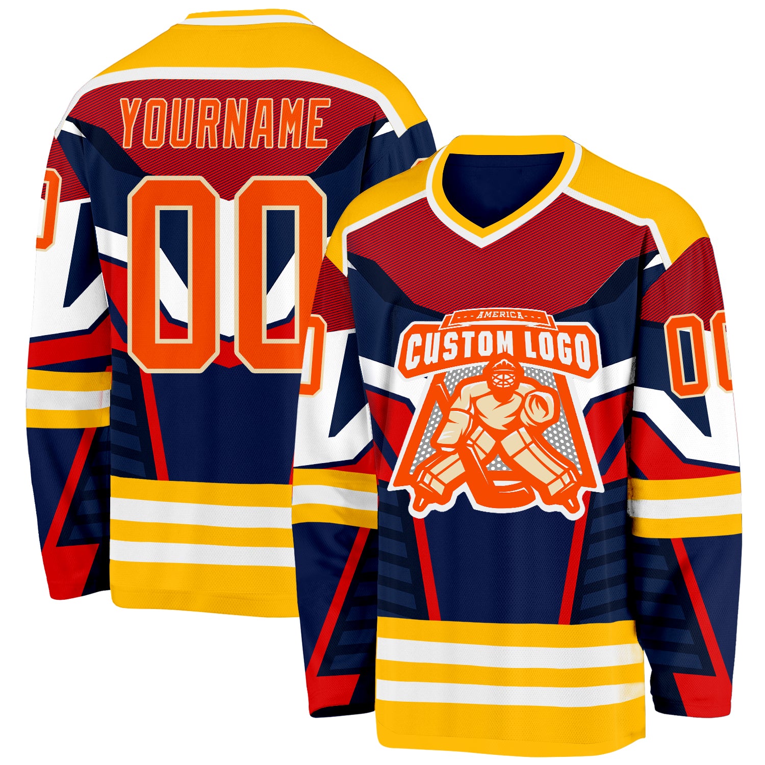 Custom Navy Orange Gold Cream-White 3D Pattern Cyber Mecha E-sport Hockey Jersey