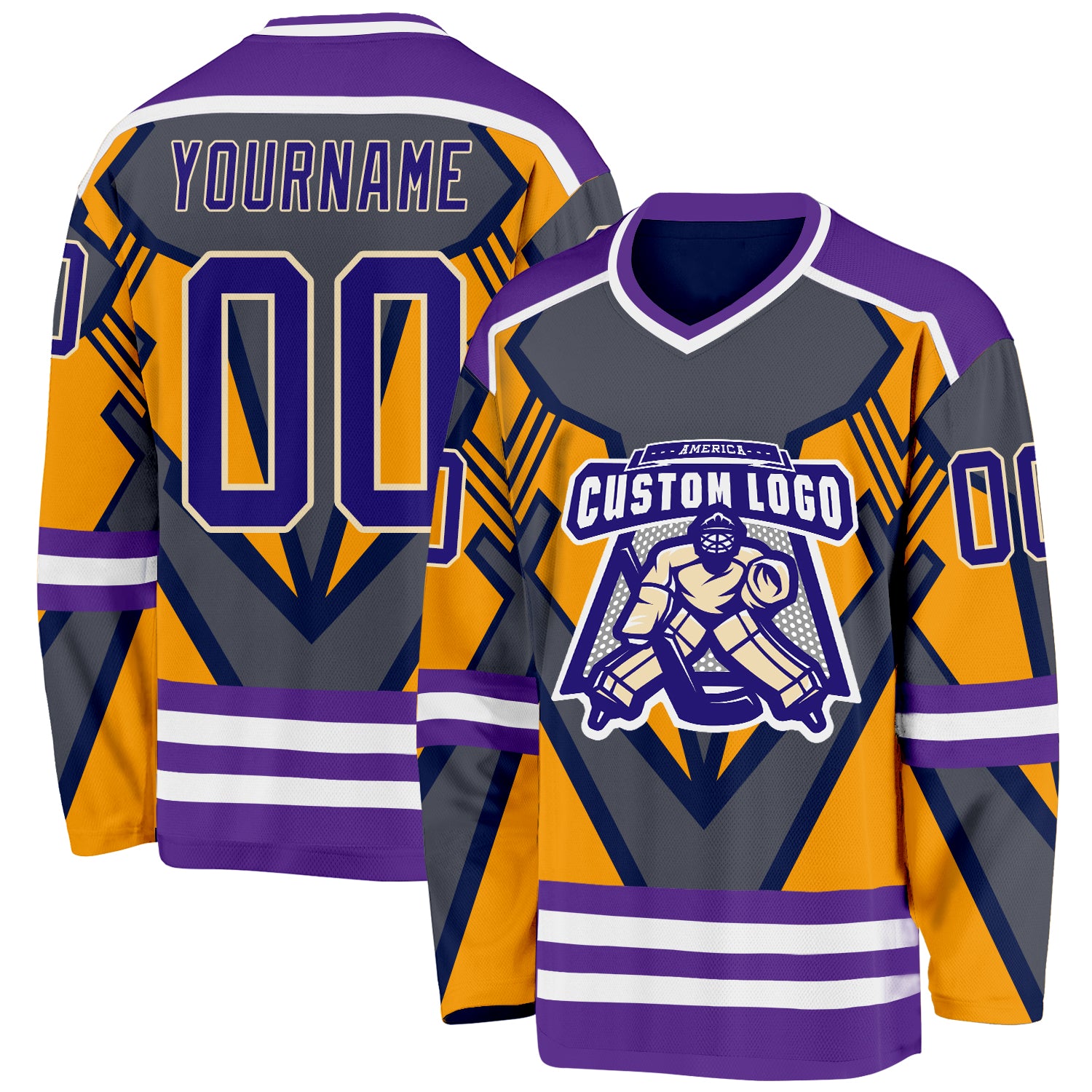 Custom Gray Dark Purple Yellow Cream-White 3D Pattern Cyber Mecha E-sport Hockey Jersey