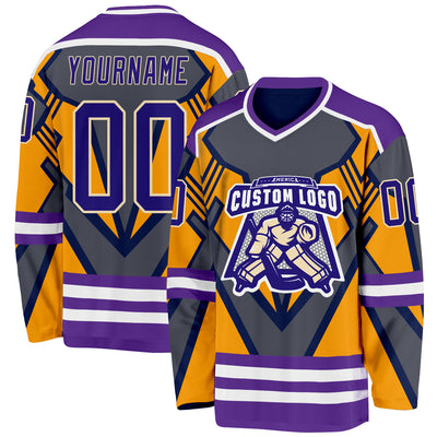 Custom Gray Dark Purple Yellow Cream-White 3D Pattern Cyber Mecha E-sport Hockey Jersey