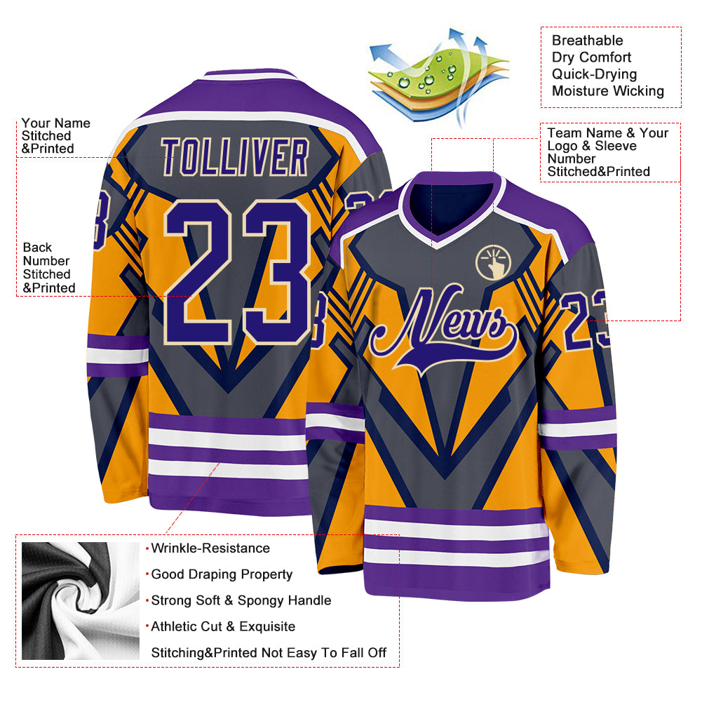 Custom Gray Dark Purple Yellow Cream-White 3D Pattern Cyber Mecha E-sport Hockey Jersey