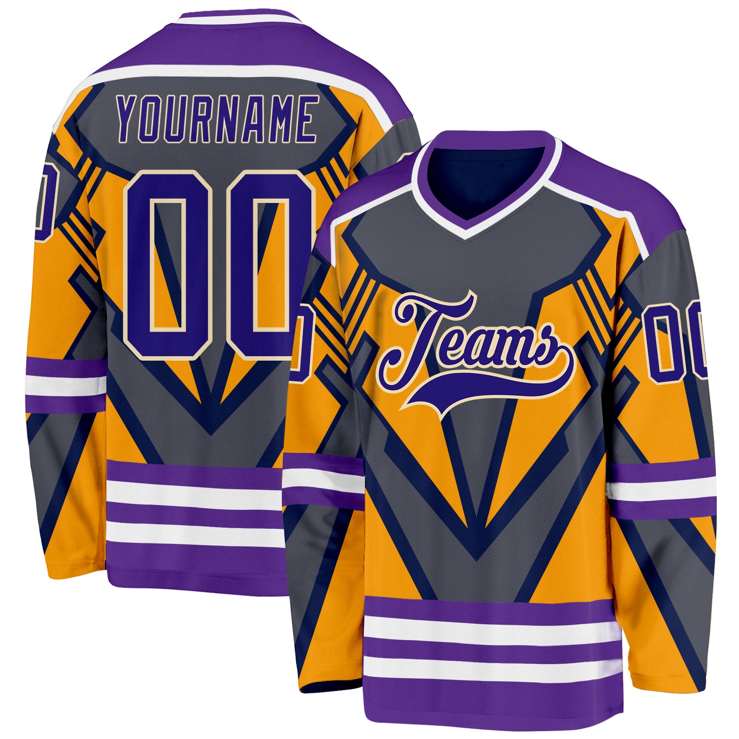 Custom Gray Dark Purple Yellow Cream-White 3D Pattern Cyber Mecha E-sport Hockey Jersey