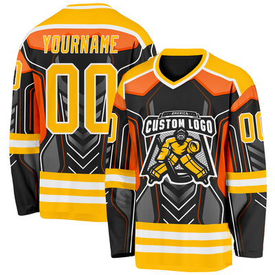 Custom Black Gold Gray Orange-White 3D Pattern Cyber Mecha E-sport Hockey Jersey