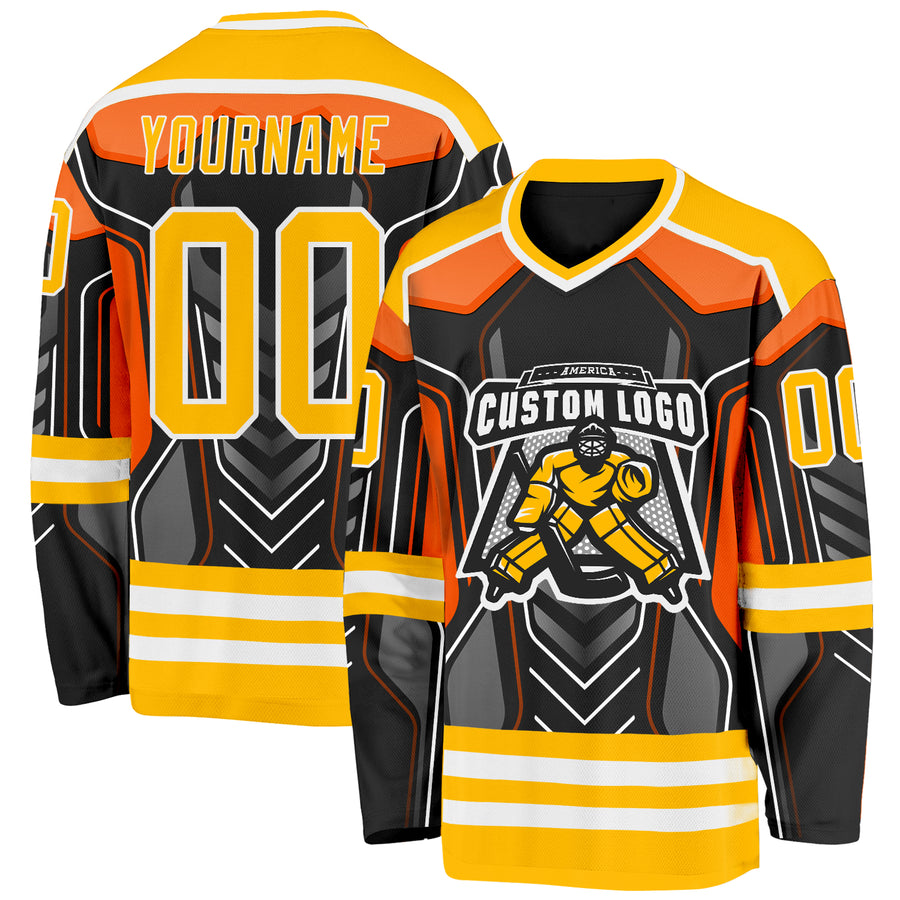 Custom Black Gold Gray Orange-White 3D Pattern Cyber Mecha E-sport Hockey Jersey