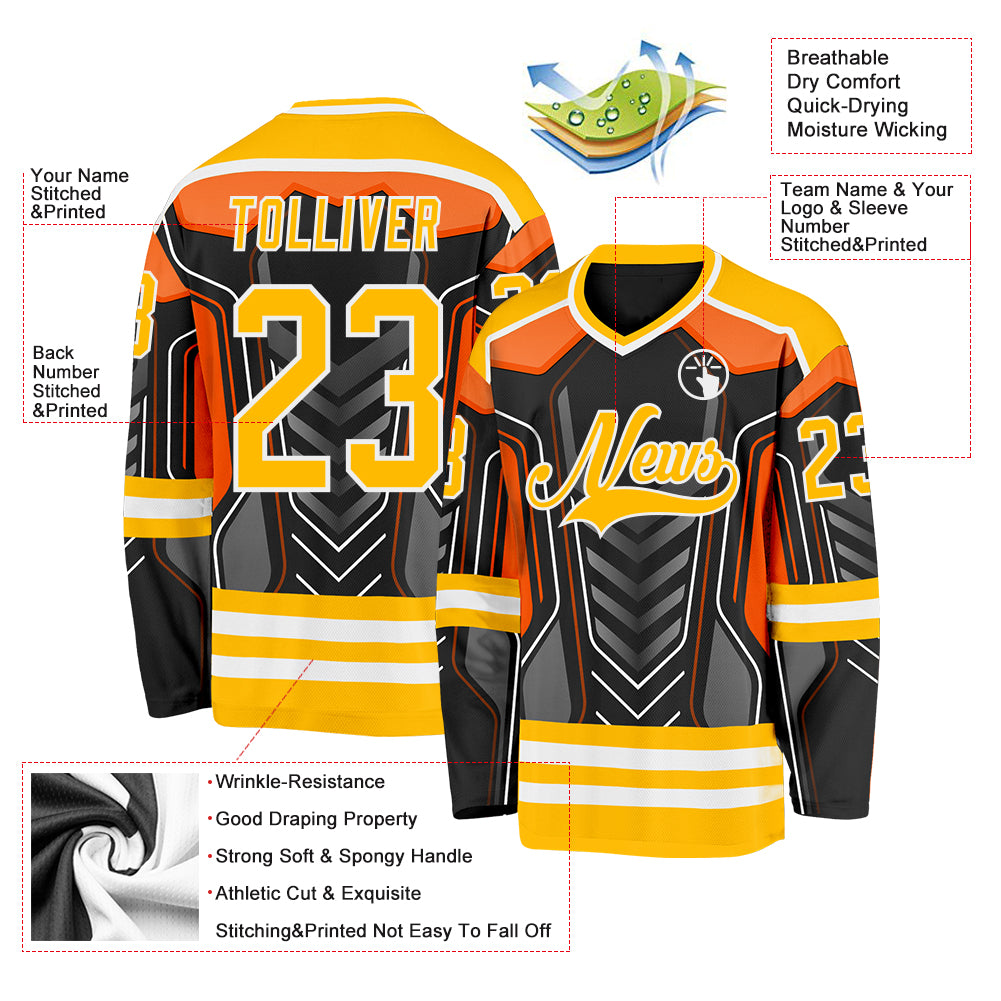 Custom Black Gold Gray Orange-White 3D Pattern Cyber Mecha E-sport Hockey Jersey