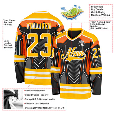 Custom Black Gold Gray Orange-White 3D Pattern Cyber Mecha E-sport Hockey Jersey