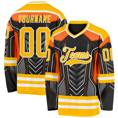 Custom Black Gold Gray Orange-White 3D Pattern Cyber Mecha E-sport Hockey Jersey