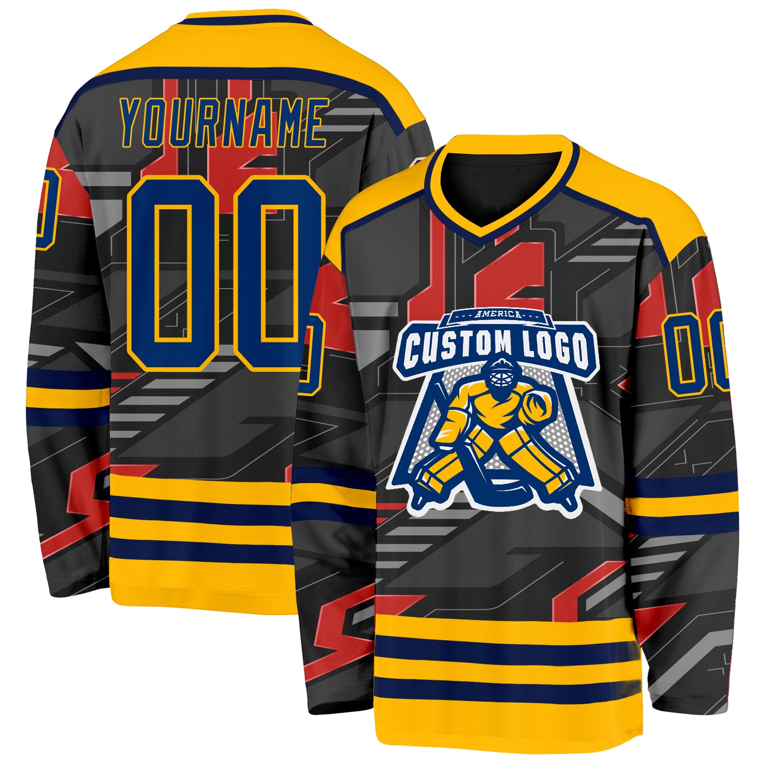 Custom Black US Navy Blue Gray Orange-Gold 3D Pattern Cyber Mecha E-sport Hockey Jersey