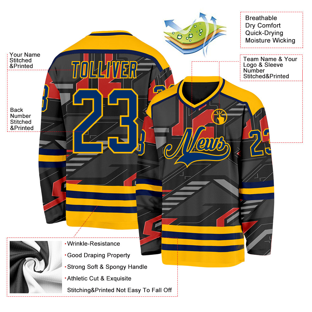 Custom Black US Navy Blue Gray Orange-Gold 3D Pattern Cyber Mecha E-sport Hockey Jersey
