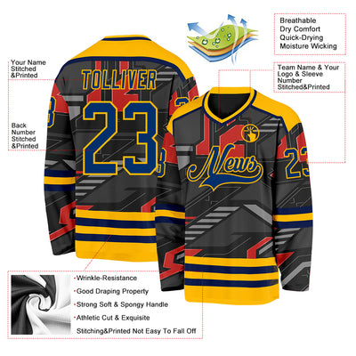 Custom Black US Navy Blue Gray Orange-Gold 3D Pattern Cyber Mecha E-sport Hockey Jersey