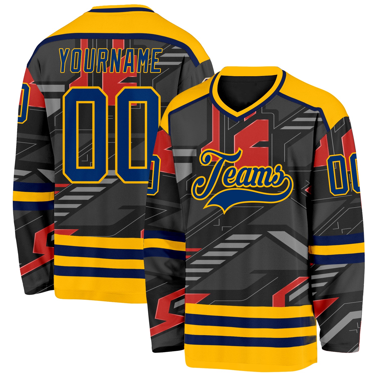 Custom Black US Navy Blue Gray Orange-Gold 3D Pattern Cyber Mecha E-sport Hockey Jersey