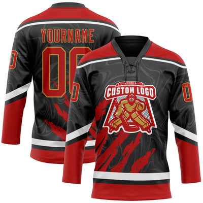 Custom Black Red Old Gold-White 3D Splash Art Hockey Lace Neck Jersey