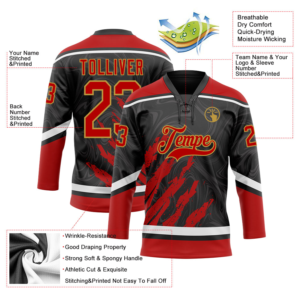 Custom Black Red Old Gold-White 3D Splash Art Hockey Lace Neck Jersey