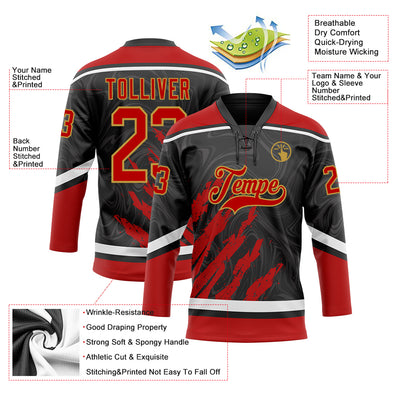 Custom Black Red Old Gold-White 3D Splash Art Hockey Lace Neck Jersey