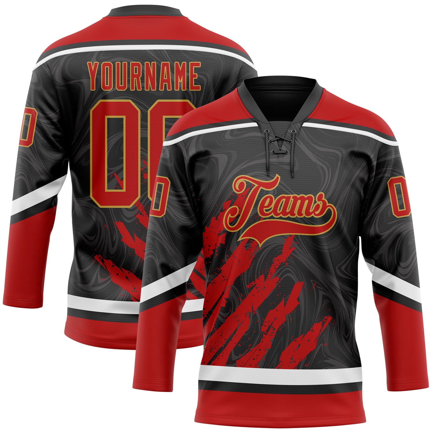 Custom Black Red Old Gold-White 3D Splash Art Hockey Lace Neck Jersey
