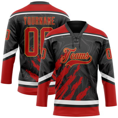 Custom Black Red Old Gold-White 3D Splash Art Hockey Lace Neck Jersey