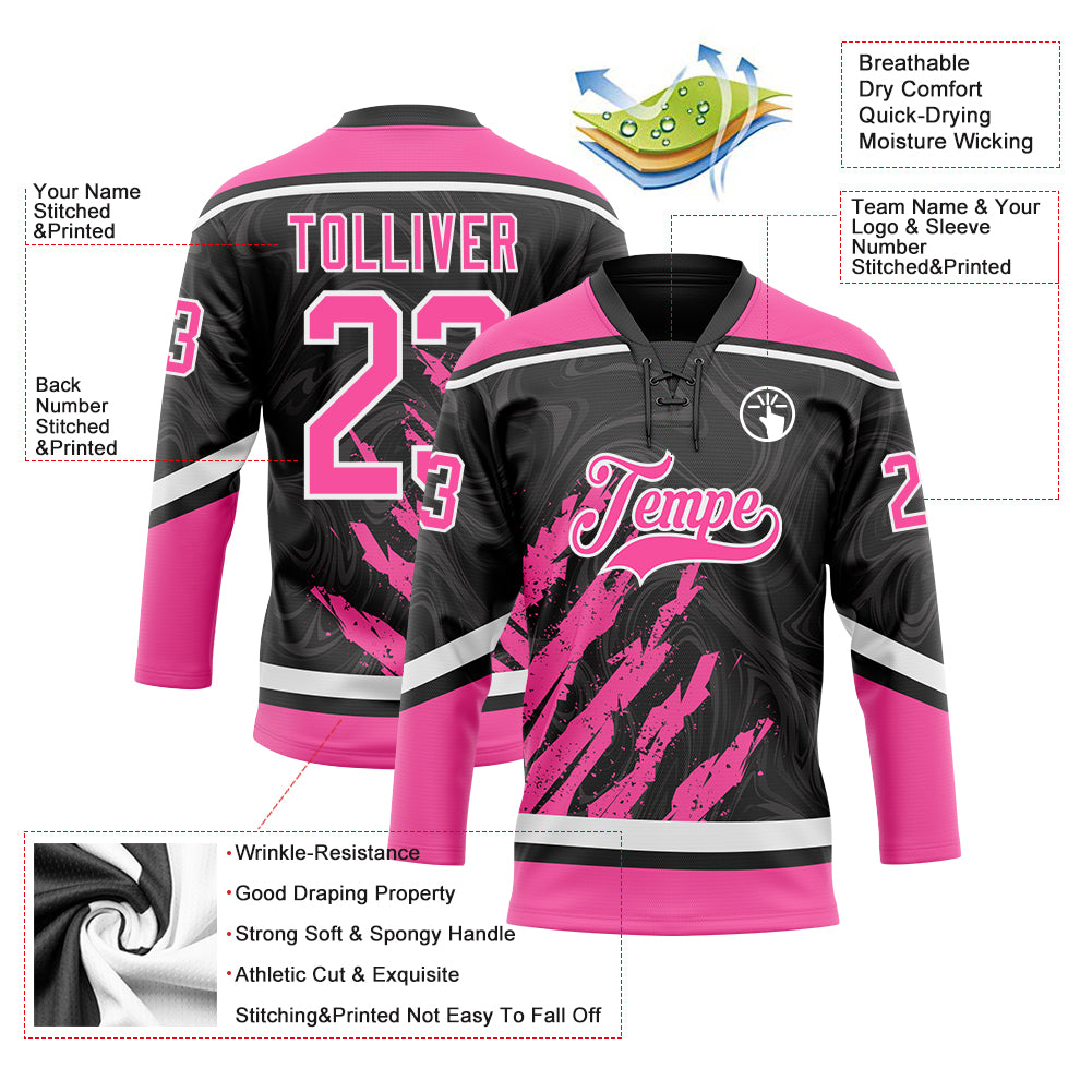 Custom Black Pink-White 3D Splash Art Hockey Lace Neck Jersey