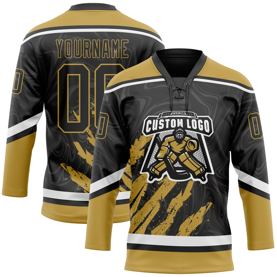 Custom Black Old Gold-White 3D Splash Art Hockey Lace Neck Jersey