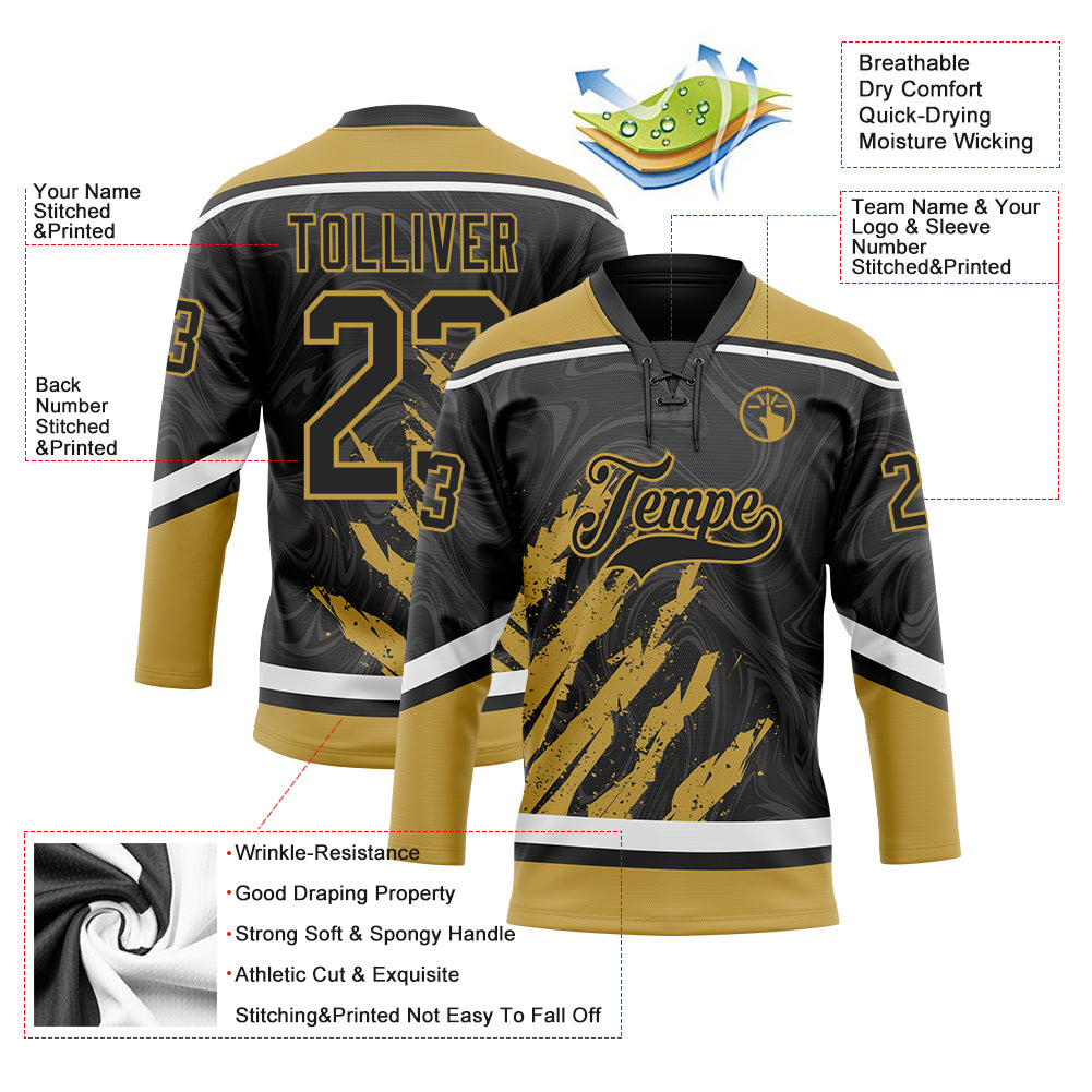 Custom Black Old Gold-White 3D Splash Art Hockey Lace Neck Jersey