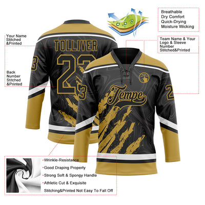 Custom Black Old Gold-White 3D Splash Art Hockey Lace Neck Jersey