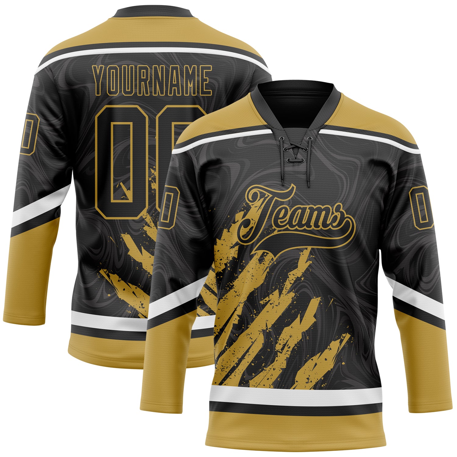 Custom Black Old Gold-White 3D Splash Art Hockey Lace Neck Jersey