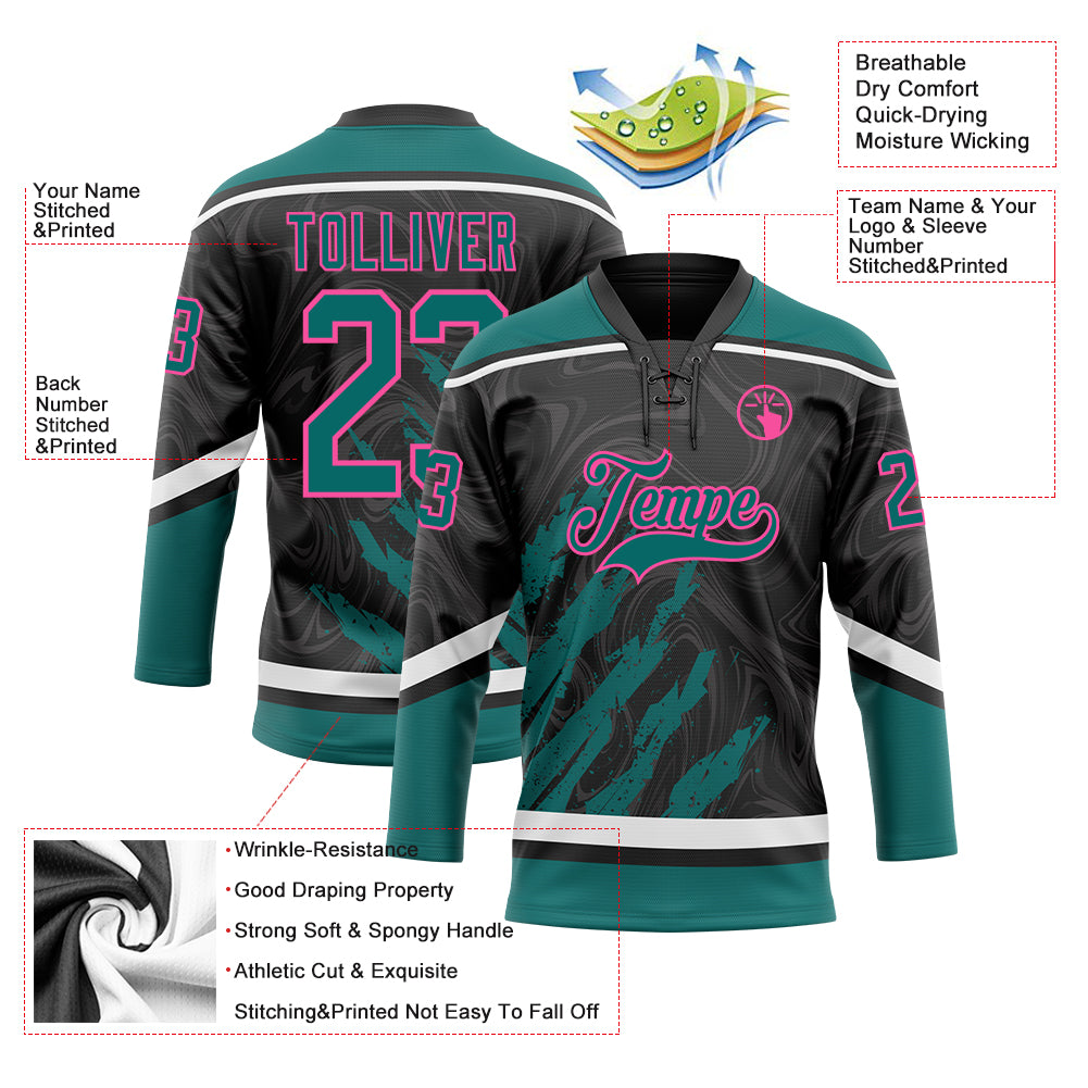Custom Black Teal Pink-White 3D Splash Art Hockey Lace Neck Jersey
