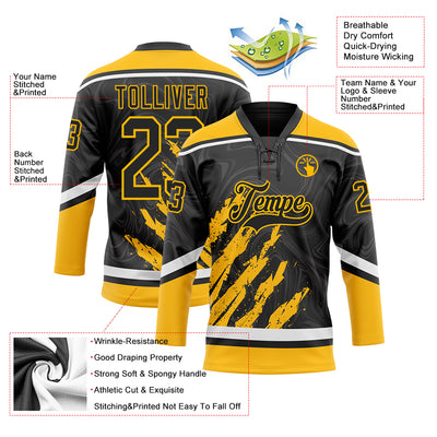 Custom Black Gold-White 3D Splash Art Hockey Lace Neck Jersey