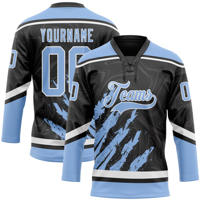 Custom Black Light Blue-White 3D Splash Art Hockey Lace Neck Jersey