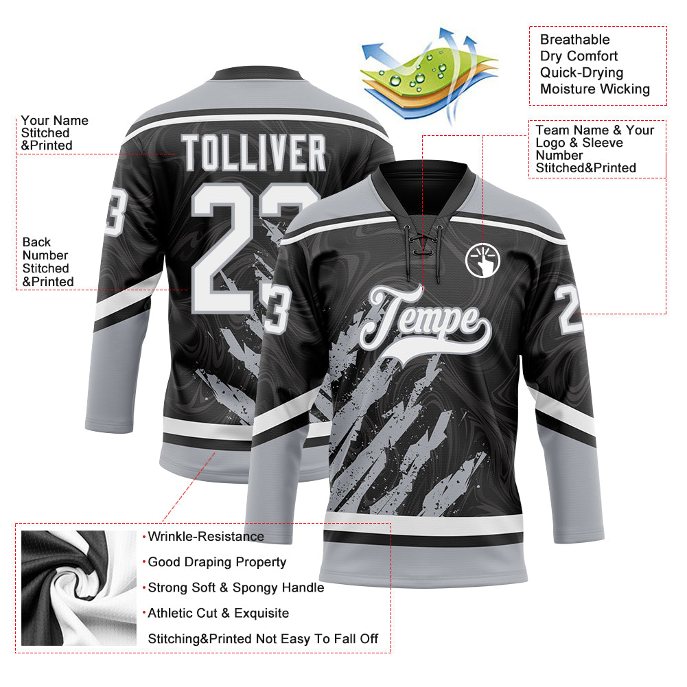 Custom Black White-Gray 3D Splash Art Hockey Lace Neck Jersey