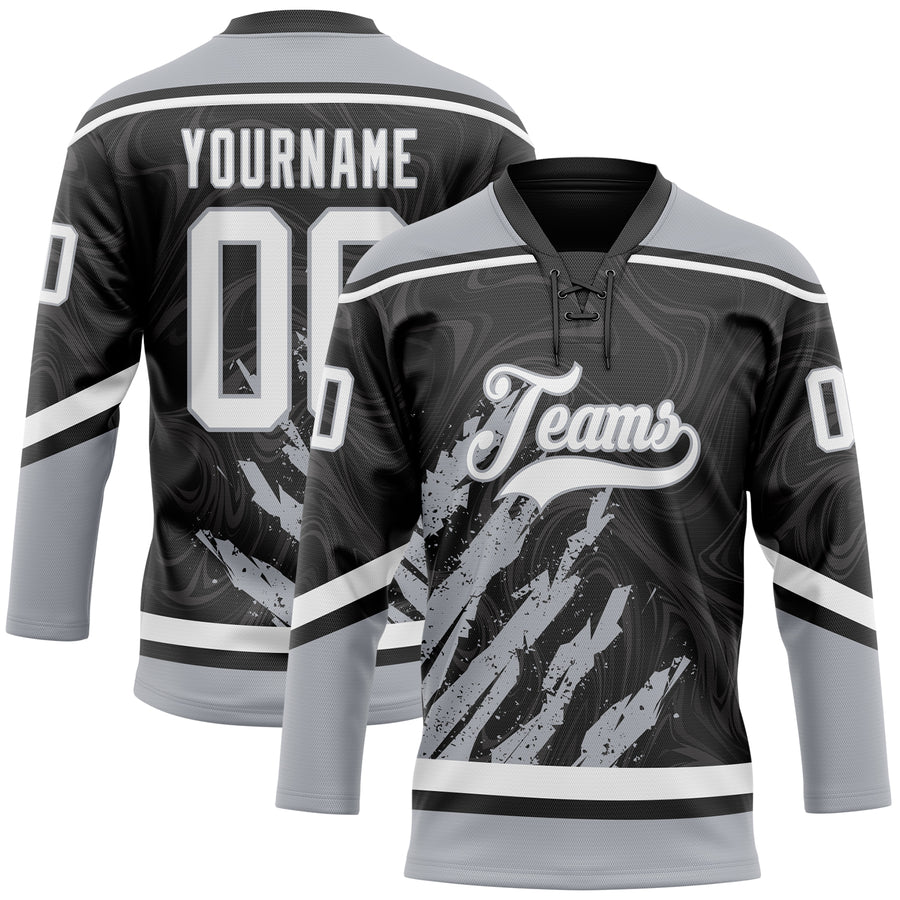 Custom Black White-Gray 3D Splash Art Hockey Lace Neck Jersey