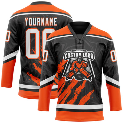 Custom Black White-Orange 3D Splash Art Hockey Lace Neck Jersey