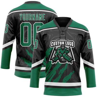 Custom Black Kelly Green-White 3D Splash Art Hockey Lace Neck Jersey