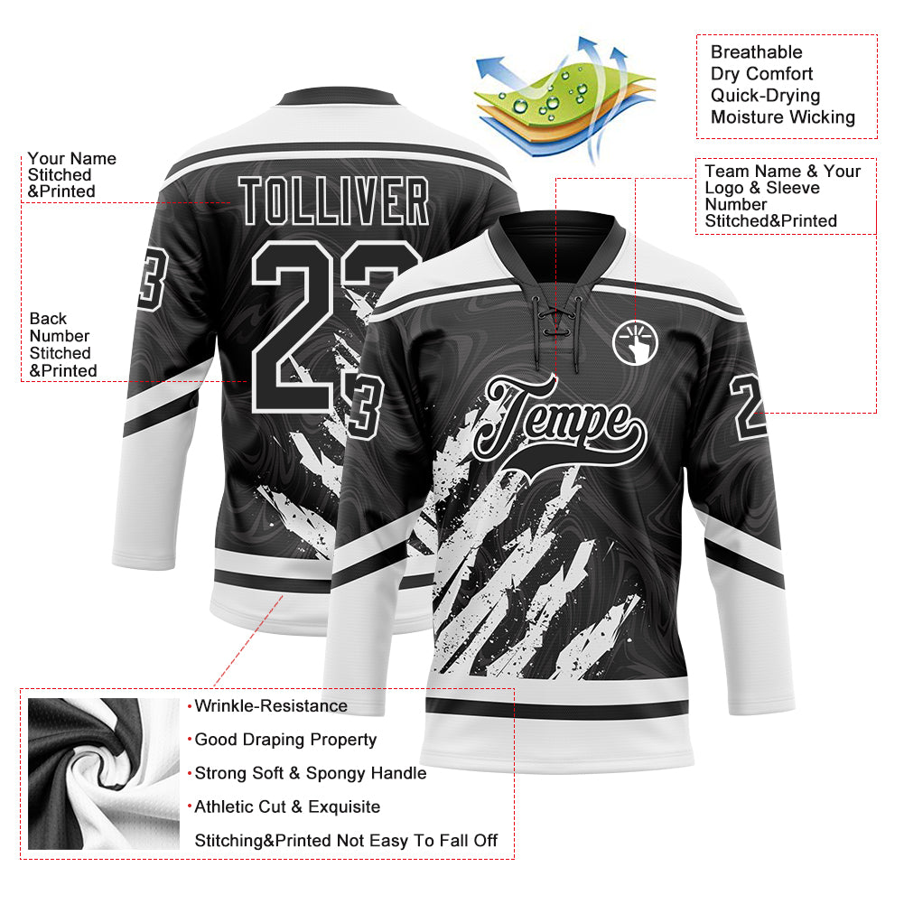 Custom Black White 3D Splash Art Hockey Lace Neck Jersey