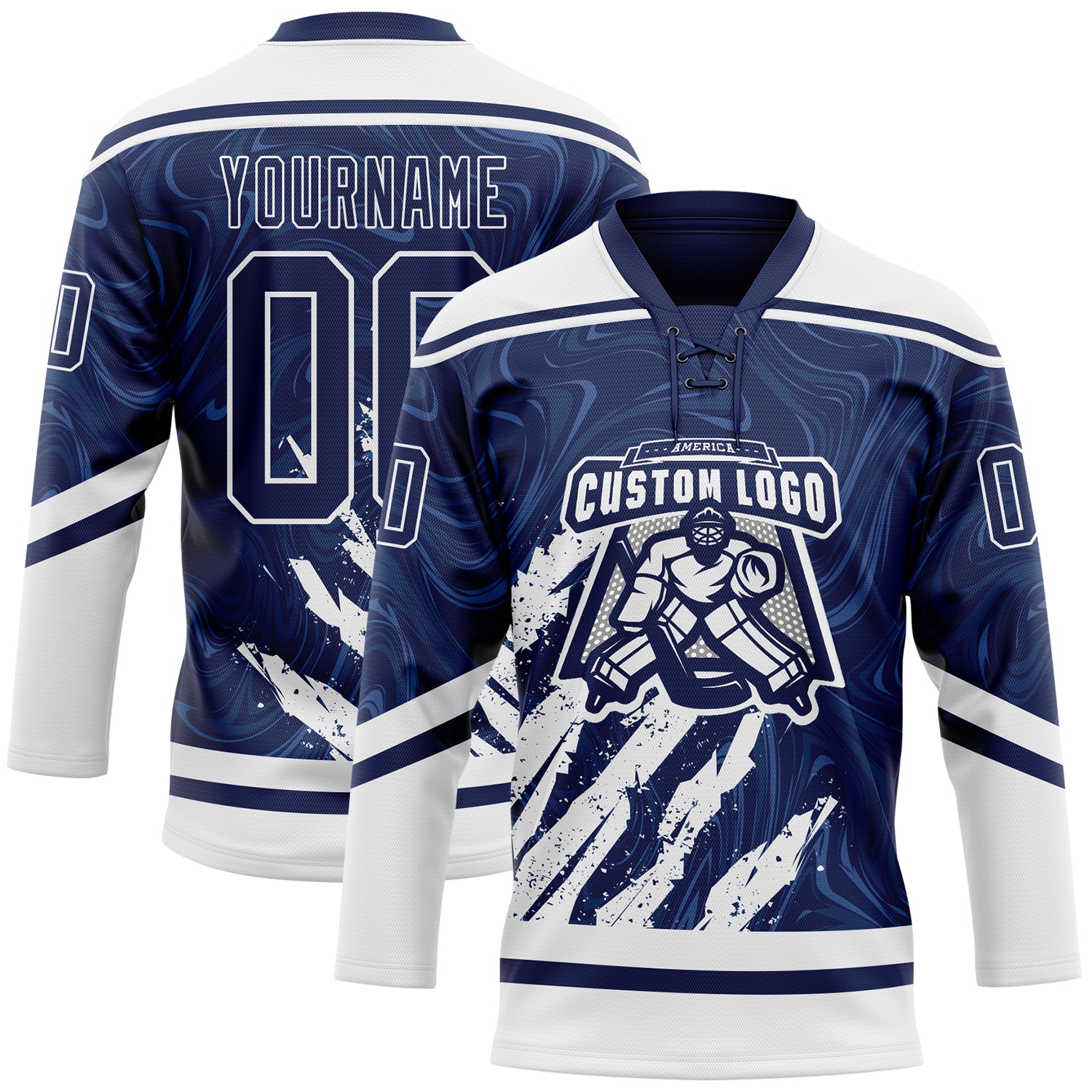 Custom Navy White 3D Splash Art Hockey Lace Neck Jersey