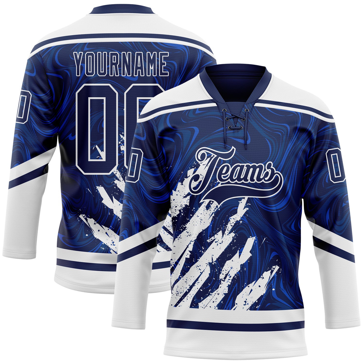 Custom Navy White 3D Splash Art Hockey Lace Neck Jersey