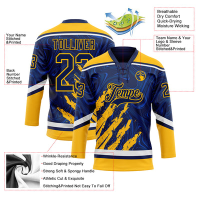 Custom Navy Gold-White 3D Splash Art Hockey Lace Neck Jersey