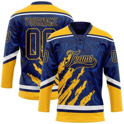 Custom Navy Gold-White 3D Splash Art Hockey Lace Neck Jersey