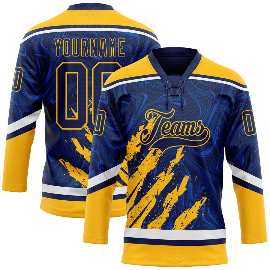 Custom Navy Gold-White 3D Splash Art Hockey Lace Neck Jersey
