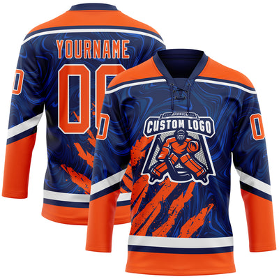 Custom Navy Orange-White 3D Splash Art Hockey Lace Neck Jersey
