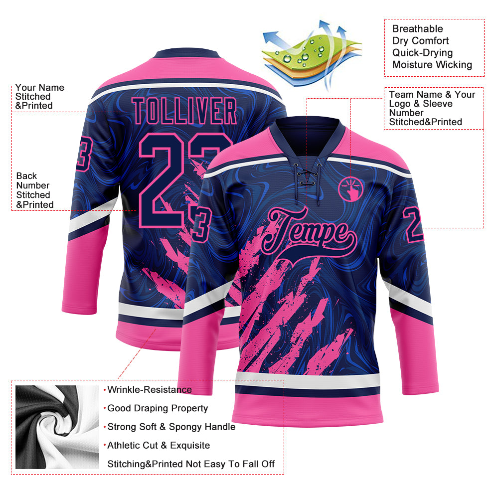 Custom Navy Pink-White 3D Splash Art Hockey Lace Neck Jersey